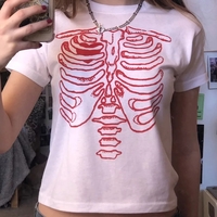 Cute 90s Vintage Skull Bone Ribs Short Sleeve Tee Crop Top Basic Casual Punk Goth Summer E-Girl Kawaii Korean Japanese Harajuku Streetwear - Thumbnail 2