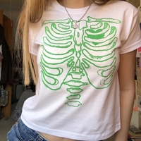 Cute 90s Vintage Skull Bone Ribs Short Sleeve Tee Crop Top Basic Casual Punk Goth Summer E-Girl Kawaii Korean Japanese Harajuku Streetwear - Thumbnail 3