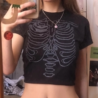 Cute 90s Vintage Skull Bone Ribs Short Sleeve Tee Crop Top Basic Casual Punk Goth Summer E-Girl Kawaii Korean Japanese Harajuku Streetwear - Thumbnail 5