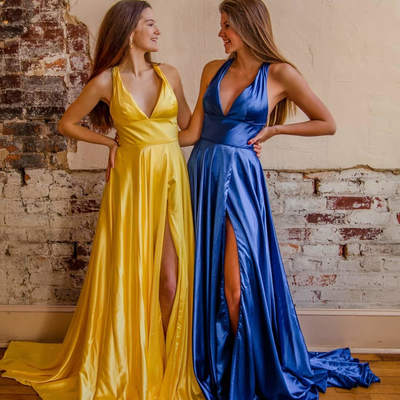 Charming a-line v neck cross back yellow royal blue satin long prom dresses evening party dresses with slit - Thumbnail 3
