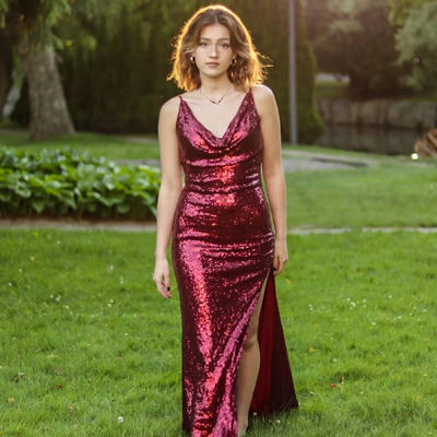 Beautiful mermaid cowl neck spaghetti straps sequins long prom dresses with slit,evening party dresses - Thumbnail 3