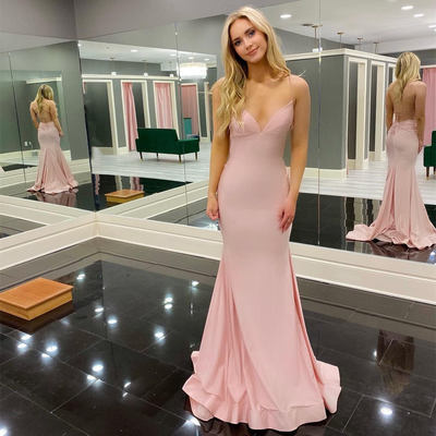 Simple mermaid v neck spaghetti straps cross back pink long prom evening dresses - Thumbnail 3