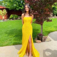 Stunning Mermaid Spaghetti Straps Yellow Lace Long Prom Evening Dresses with Slit - Thumbnail 1