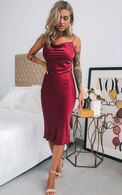 Simple Sheath Cowl Neck Dark Red Silk Satin Tea Length Evening Party Dresses