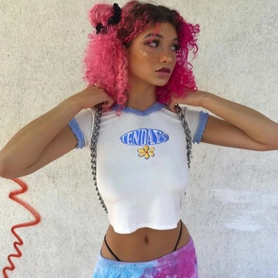 Cute blue lace letter embroidery floral print short sleeve shirt crop top aesthetic casual summer e-girl kawaii korean japanese harajuku streetwear - Thumbnail 5