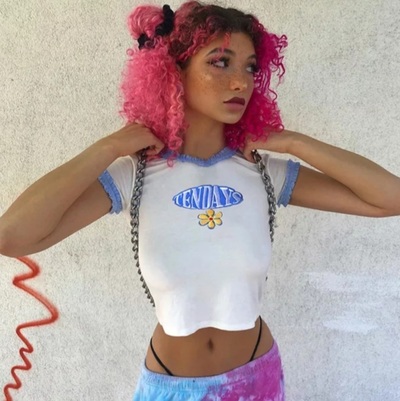 Cute Blue Lace Letter Embroidery Floral Print Short Sleeve Shirt Crop Top Aesthetic Casual Summer E-Girl Kawaii Korean Japanese Harajuku Streetwear