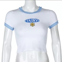 Cute Blue Lace Letter Embroidery Floral Print Short Sleeve Shirt Crop Top Aesthetic Casual Summer E-Girl Kawaii Korean Japanese Harajuku Streetwear - Thumbnail 1