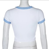 Cute Blue Lace Letter Embroidery Floral Print Short Sleeve Shirt Crop Top Aesthetic Casual Summer E-Girl Kawaii Korean Japanese Harajuku Streetwear - Thumbnail 3