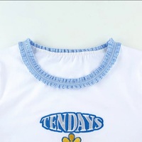 Cute Blue Lace Letter Embroidery Floral Print Short Sleeve Shirt Crop Top Aesthetic Casual Summer E-Girl Kawaii Korean Japanese Harajuku Streetwear - Thumbnail 4