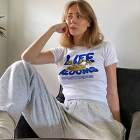 Cute White Retro Letter Print Short Sleeve Shirt Crop Top Club Aesthetic Casual Summer E-Girl Kawaii Korean Japanese Harajuku Streetwear - Thumbnail 2