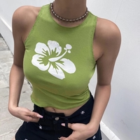 Cute Hawaii Flower Tank Crop Top Vintage Short Sleeve Shirt Sleeveless O Neck Casual Summer E-Girl Kawaii Korean Japanese Harajuku Streetwear - Thumbnail 1