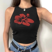 Cute Hawaii Flower Tank Crop Top Vintage Short Sleeve Shirt Sleeveless O Neck Casual Summer E-Girl Kawaii Korean Japanese Harajuku Streetwear - Thumbnail 3