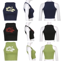 Cute Hawaii Flower Tank Crop Top Vintage Short Sleeve Shirt Sleeveless O Neck Casual Summer E-Girl Kawaii Korean Japanese Harajuku Streetwear - Thumbnail 4