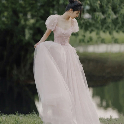 Pink tulle long a line prom dress evening dress - Thumbnail 3