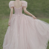 Pink tulle long A line prom dress evening dress - Thumbnail 3
