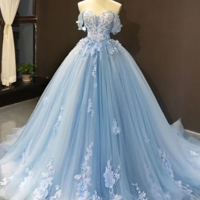 Off shoulder sweetheart long tulle princess prom dress, formal dress - Thumbnail 4