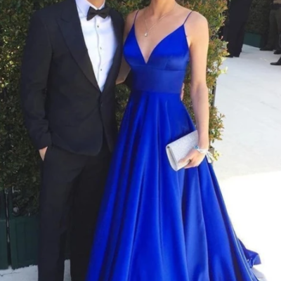 Simple v neck royal blue prom dress 2021 - Thumbnail 2