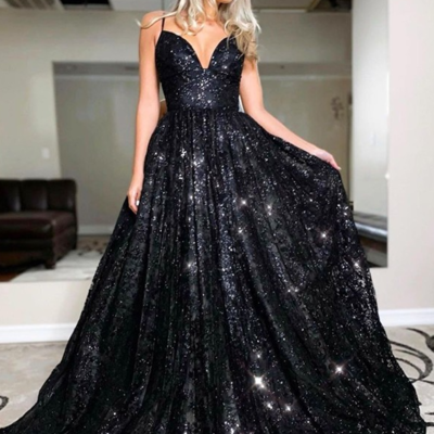 Spaghetti straps a-line evening gown,sequin party dresses - Thumbnail 4