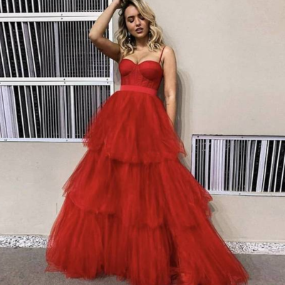 Spaghetti straps a-line tulle prom dresses, evening dress  - Thumbnail 5