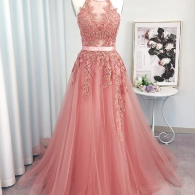 New style a line halter neckline prom dress with lace - Thumbnail 3