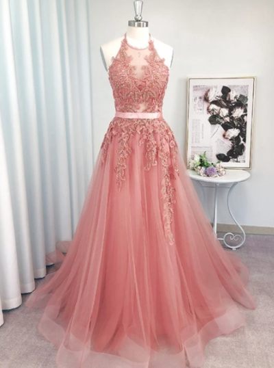 New Style A Line Halter Neckline Prom Dress With Lace