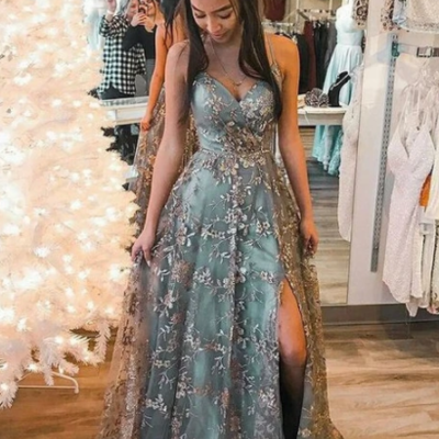 A line v neck lace prom dresses , formal dress - Thumbnail 2