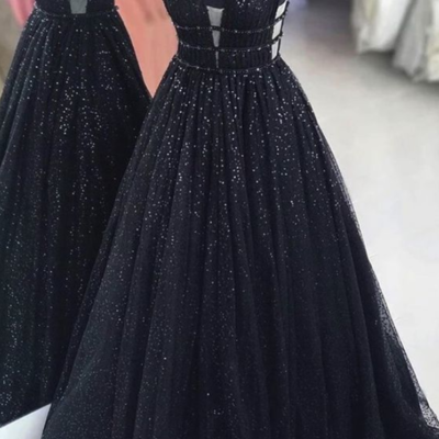 A line ball gown sparkle black prom dress - Thumbnail 4