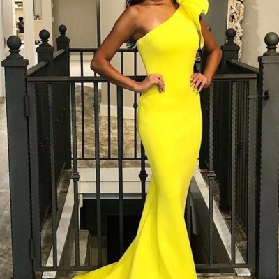 Mermaid one shoulder yellow stain prom dress - Thumbnail 3