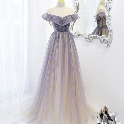 Purple tulle long a line prom dress evening dress - Thumbnail 4