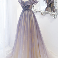 Purple tulle long A line prom dress evening dress - Thumbnail 2