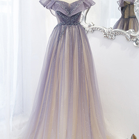 Purple tulle long A line prom dress evening dress - Thumbnail 5