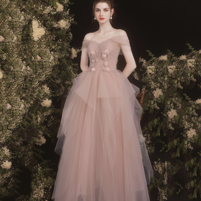 Pink tulle long a line prom dress pink evening dress - Thumbnail 4