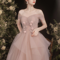 Pink tulle long A line prom dress pink evening dress - Thumbnail 2