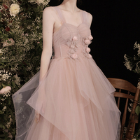Pink tulle long A line prom dress pink evening dress - Thumbnail 3
