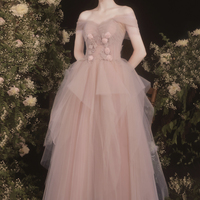 Pink tulle long A line prom dress pink evening dress - Thumbnail 4