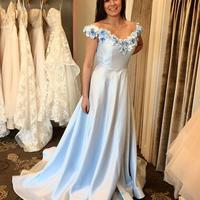 Princess A-Line Off the Shoulder Light Blue Satin Long Prom Evening Dresses - Thumbnail 1