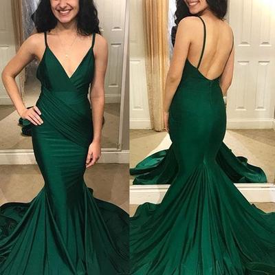 Charming mermaid v neck spaghetti straps dark green long prom evening dresses - Thumbnail 2
