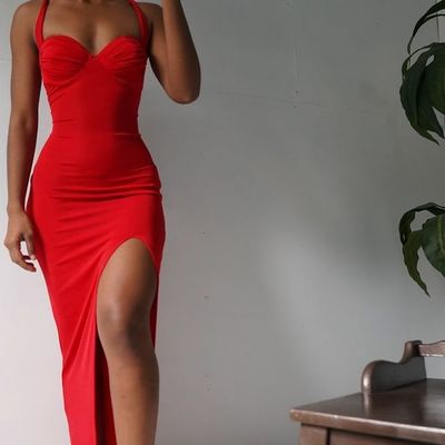 Sexy mermaid sweetheart red satin long evening party dresses with slit - Thumbnail 3