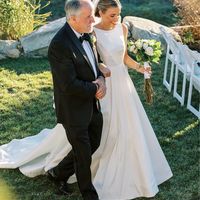 Simple A-Line Boat Neck White Satin Wedding Dresses - Thumbnail 1