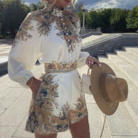 Women'S Printed Long Sleeve Shorts Two-Piece Suit - Thumbnail 2