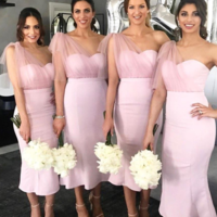 One Shoulder Pink Midi Bridesmaid Dress with Tulle  - Thumbnail 1