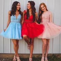 SP1627,Red Applique Beaded Homecoming Dresses,V-Neck Mini Prom Gown,Girl Dresses Short - Thumbnail 2
