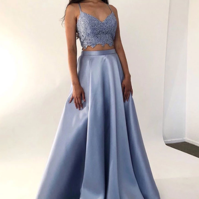 Spaghetti straps two piece blue long prom dress with appliques - Thumbnail 4