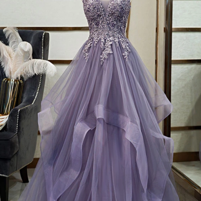 Elegant a line purple long prom/evening dresses with appliques - Thumbnail 3