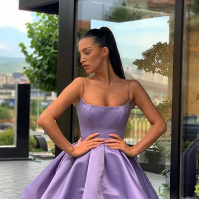 Spaghetti straps purple short homecoming dresses with ruffles - Thumbnail 4