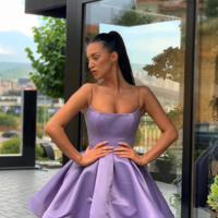 Spaghetti Straps Purple Short Homecoming Dresses with Ruffles - Thumbnail 1