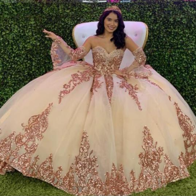 Rose gold sparkly quinceanera prom dresses  - Thumbnail 4