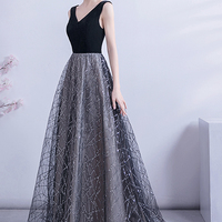 Black tulle sequins long A line prom dress evening dress - Thumbnail 2