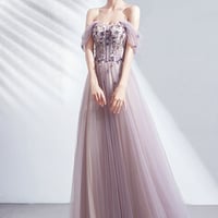 Cute tulle applique long A line prom dress evening dress - Thumbnail 2