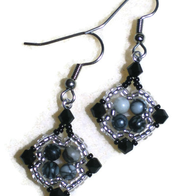 Black silk stone and crystal earrings